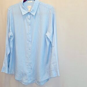 Chicos Non Iron Shirt 100% Linen Womens Plus Size 2XL Long Sleeve Roll Tap Top